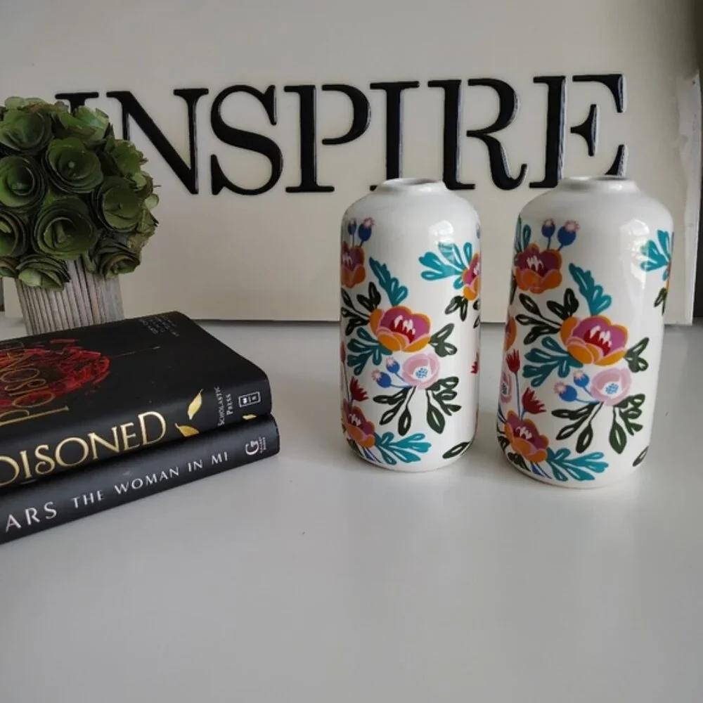 Scandinavian Folk Art Floral Ceramic Vase Glossy White Decorative Vase